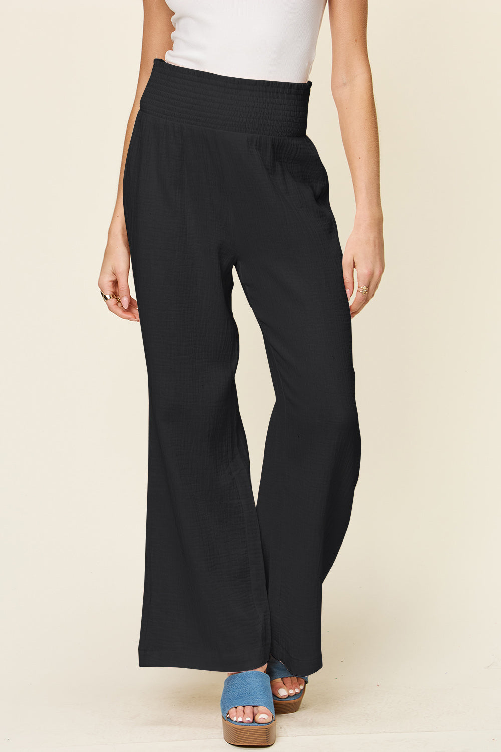 Double Take Full Size Texture Smocked Waist Wide Leg Pants Double Take Full Size Texture Smocked Waist Wide Leg Pants