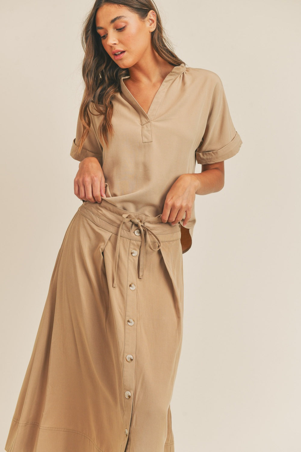 MABLE Short Sleeve Top and Button Down Midi Skirt Set MABLE Short Sleeve Top and Button Down Midi Skirt Set