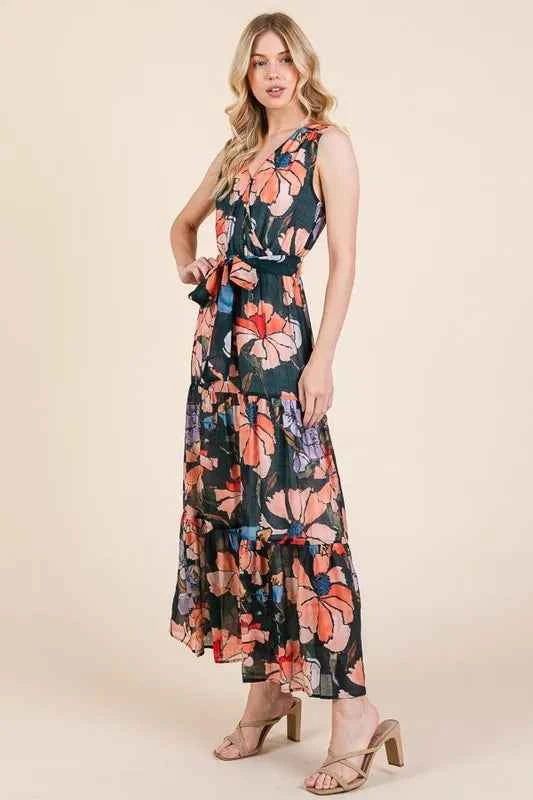 Lime 'N' Chili Floral Print Sleeveless Tie Waist Maxi Dress Lime 'N' Chili Floral Print Sleeveless Tie Waist Maxi Dress