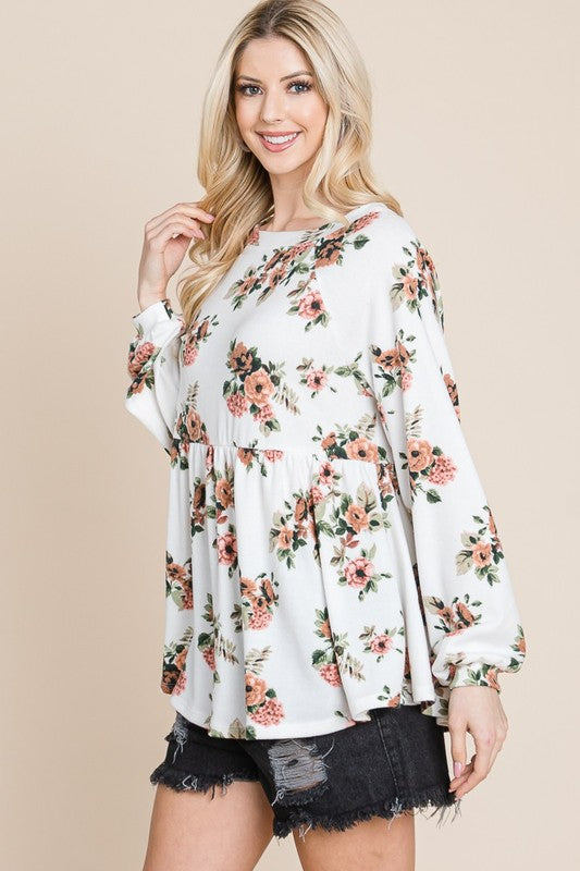 Super Lady Full Size Babydoll Floral Boat Neck Long Sleeve Blouse Super Lady Full Size Babydoll Floral Boat Neck Long Sleeve Blouse