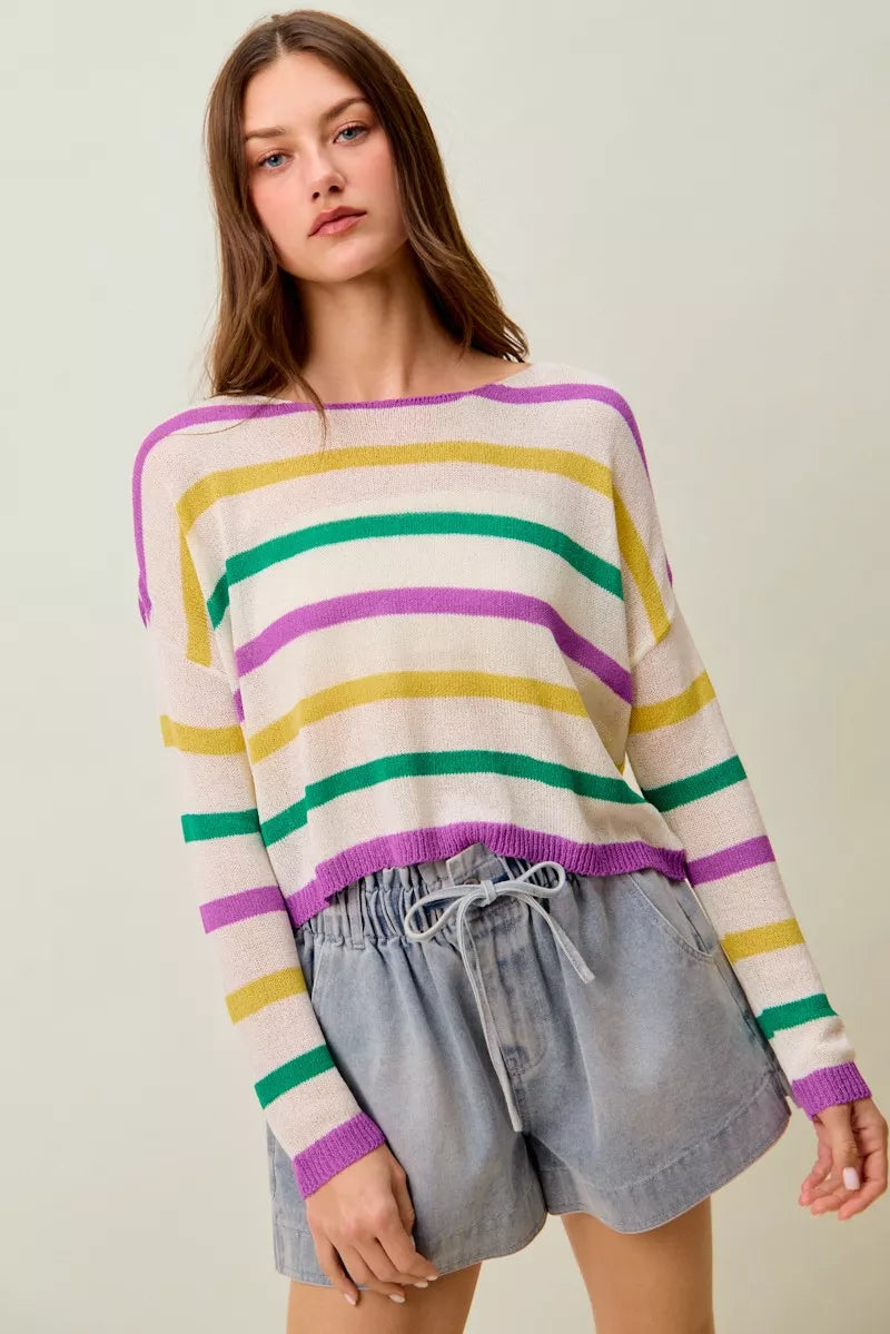 SO ME Mardi Gras Color Stripe Lightweight Sweater Top edccdc6ea68240c4b366ff128c8b8374-Max-Origin