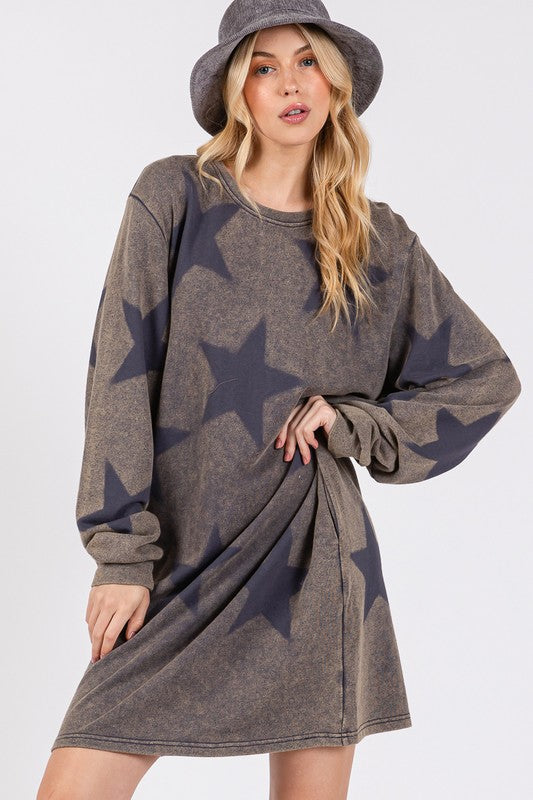 SAGE + FIG Washed Star Print Round Neck Dress SAGE + FIG Washed Star Print Round Neck Dress - TopFashionHQ