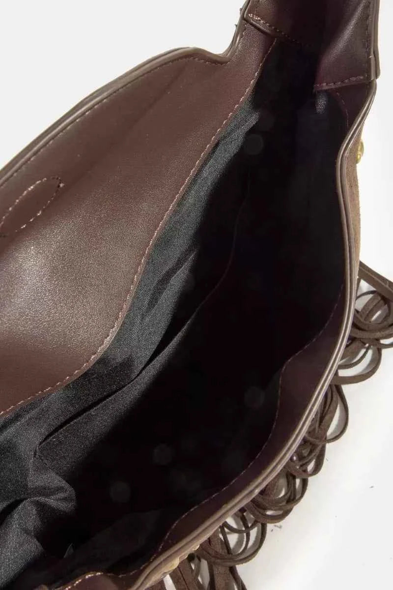 Fame Rivet Trim Suede Fringe Shoulder Bag Fame Rivet Trim Suede Fringe Shoulder Bag