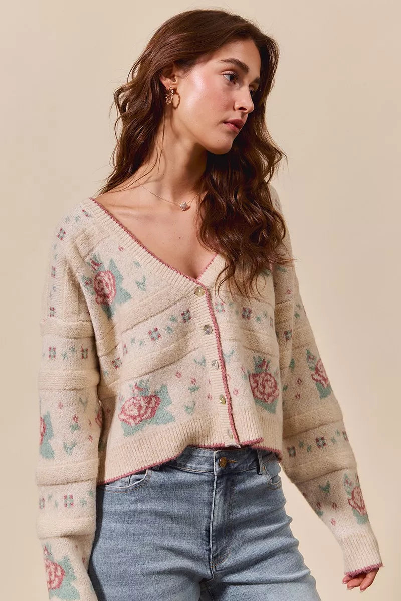 SO ME Floral Pattern Long Sleeve Button Sweater Cardigan ee28aee53b284a10908db38769e5ebff-Max-Origin