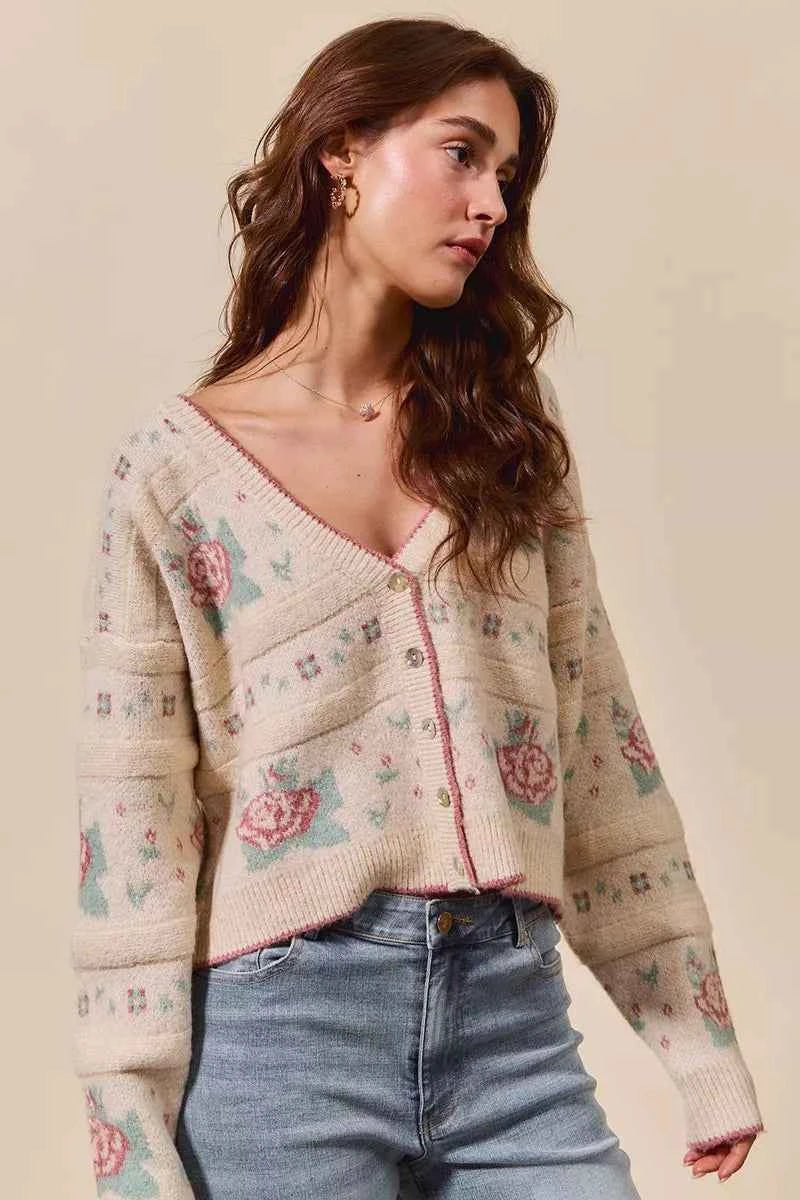 SO ME Floral Pattern Long Sleeve Button Sweater Cardigan SO ME Floral Pattern Long Sleeve Button Sweater Cardigan