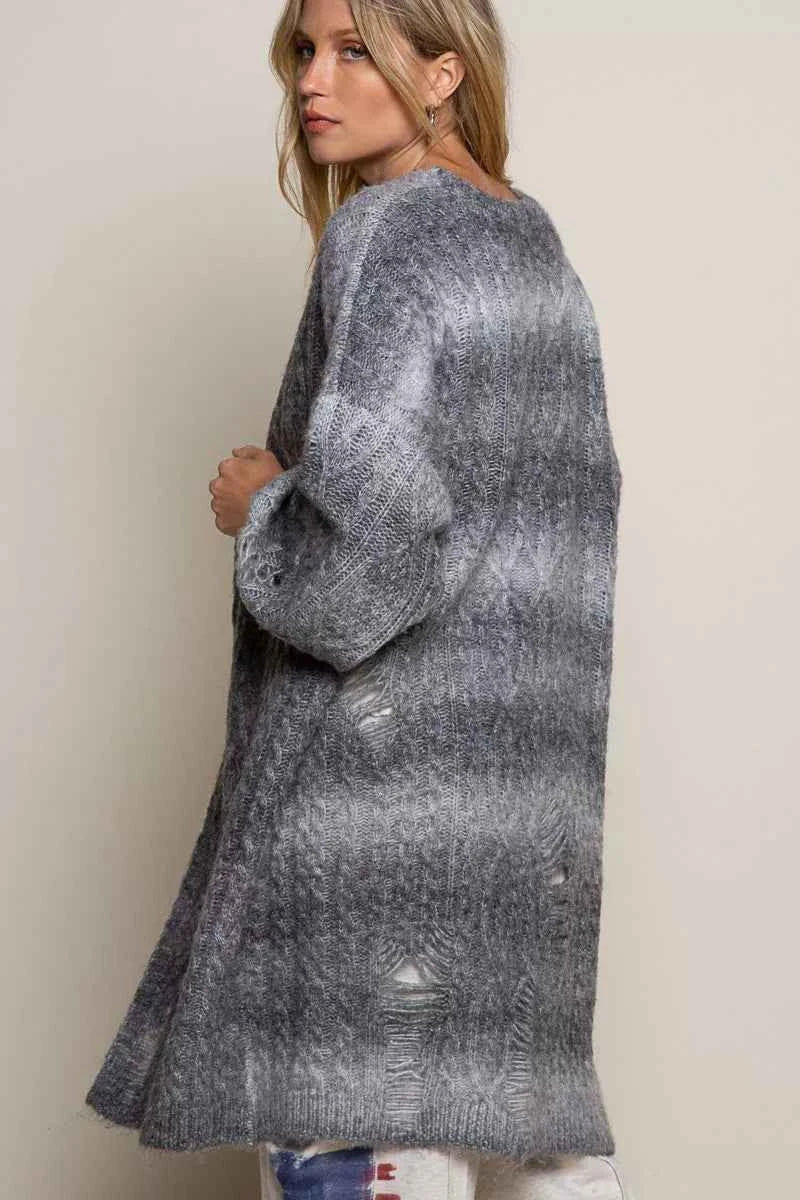 POL Distressed Cable-Knit Ombre Dying Cardigan POL Distressed Cable-Knit Ombre Dying Cardigan