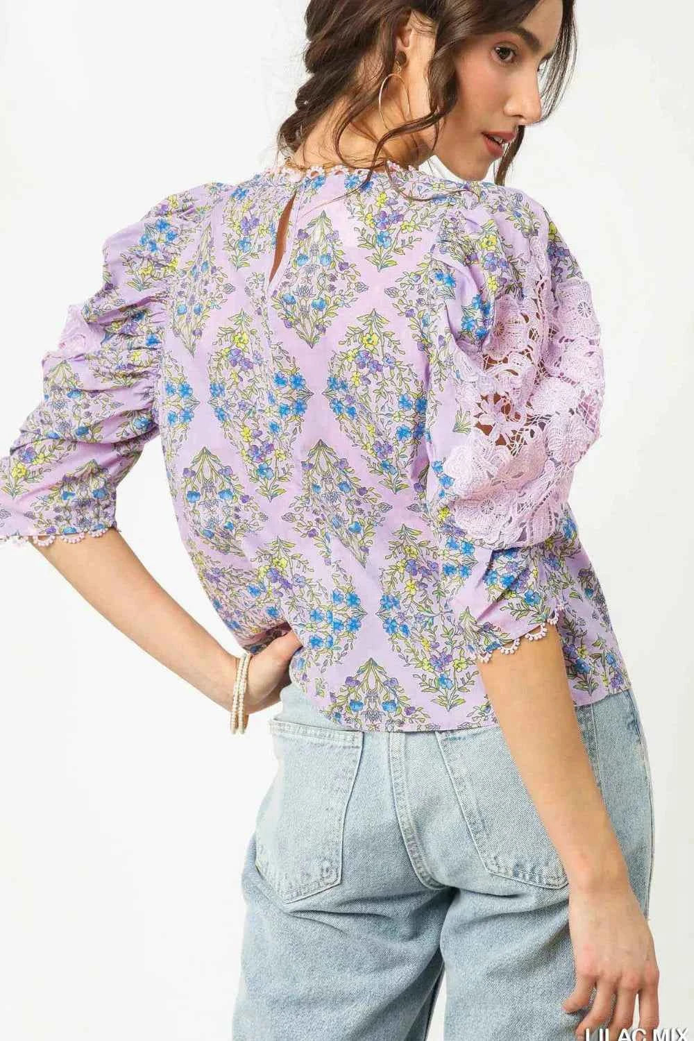 Umgee Printed Lace Puff Sleeve Blouse Umgee Printed Lace Puff Sleeve Blouse