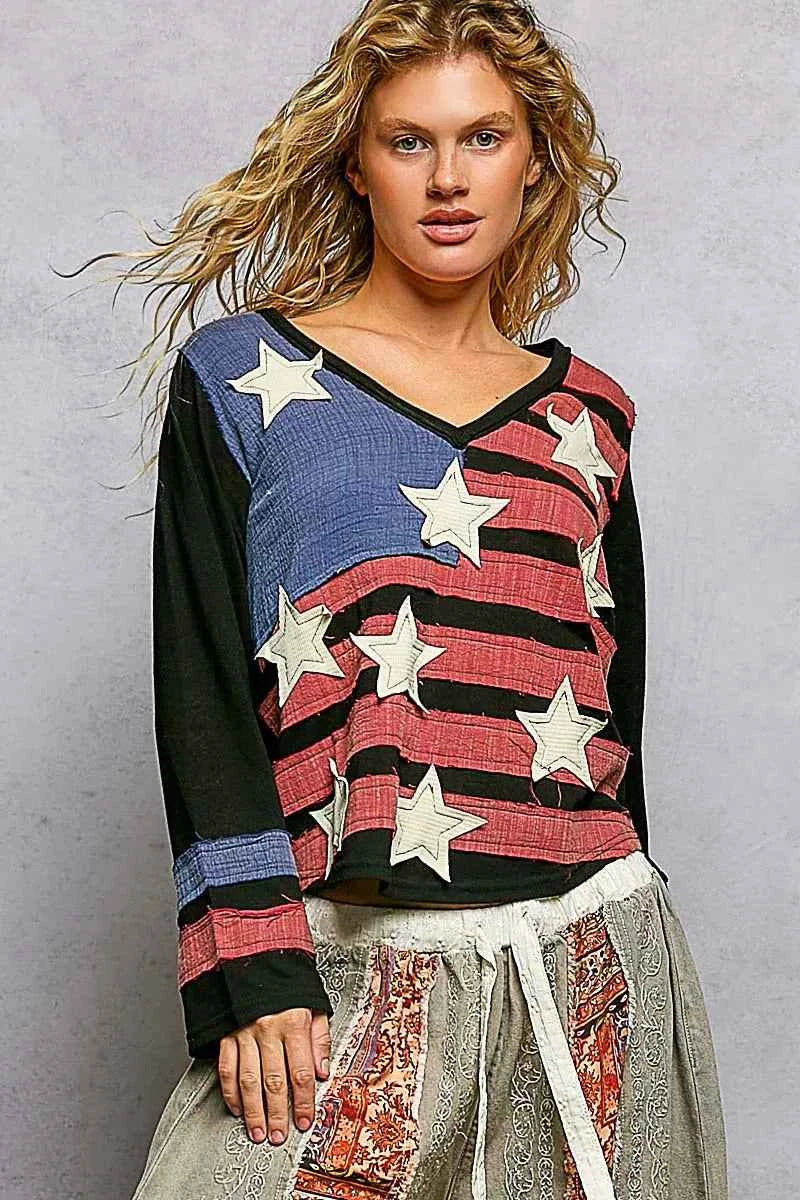 POL Double Gauze American Flag Patch V-Neck Long Sleeve T-Shirt POL Double Gauze American Flag Patch V-Neck Long Sleeve T-Shirt