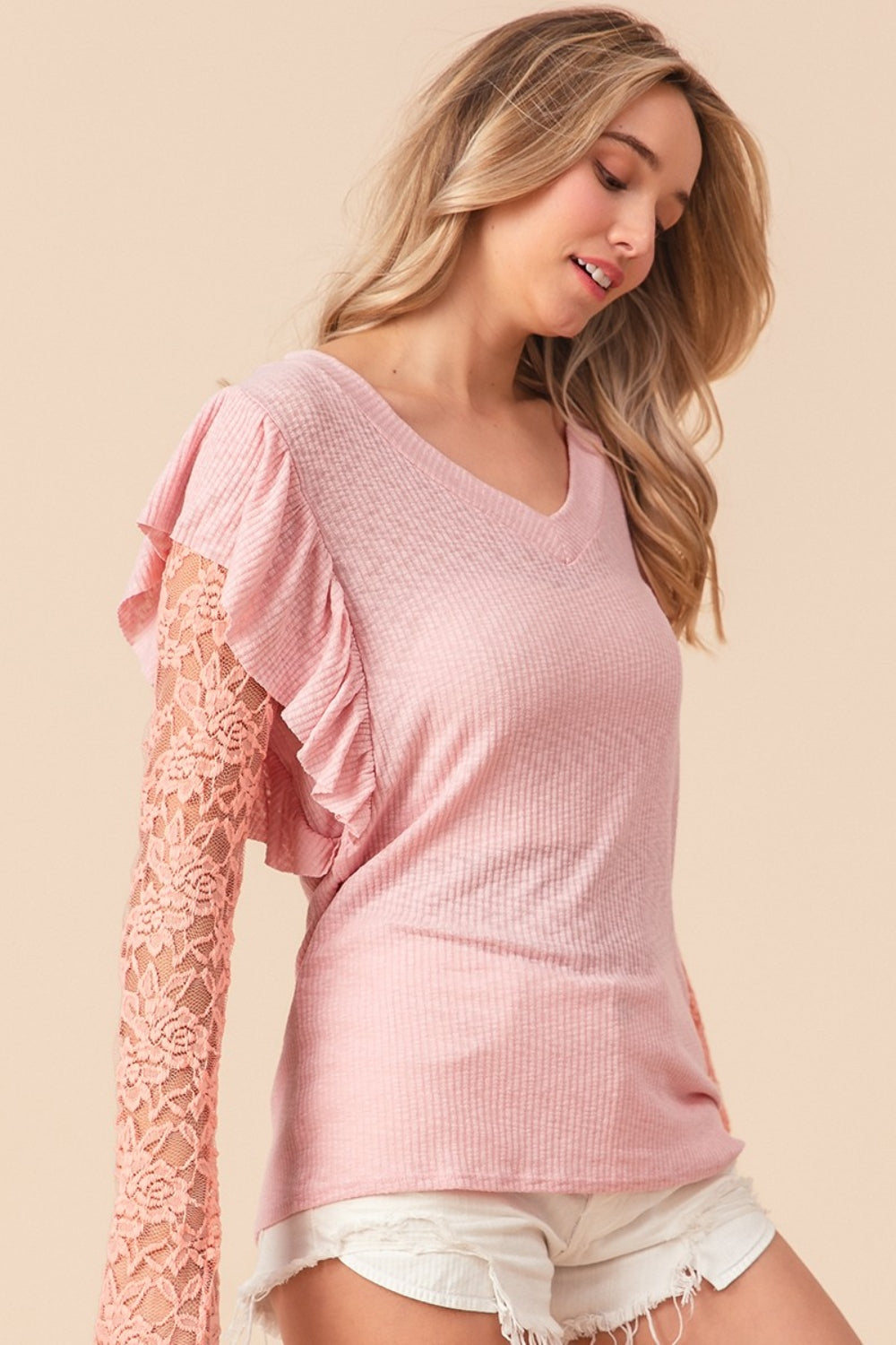 BiBi Ruffled Lace Sleeve Rib Knit Top BiBi Ruffled Lace Sleeve Rib Knit Top - TopFashionHQ