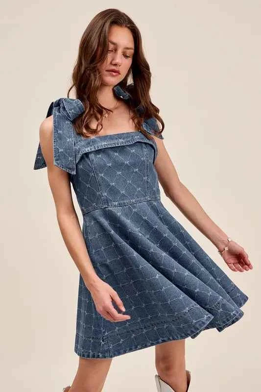 SO ME A Line Fit and Flare Diamond Bow Ribbon Denim Dres SO ME A Line Fit and Flare Diamond Bow Ribbon Denim Dres