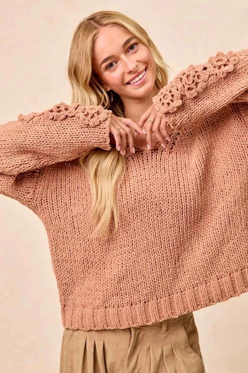 BiBi Chunky Knit Sweater with Flower Detail Sleeves BiBi Chunky Knit Sweater with Flower Detail Sleeves
