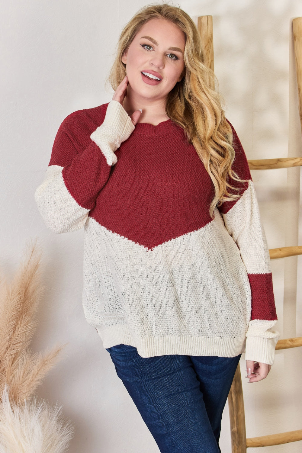 Hailey & Co Full Size Color Block Dropped Shoulder Knit Top Hailey & Co Full Size Color Block Dropped Shoulder Knit Top - TopFashionHQ