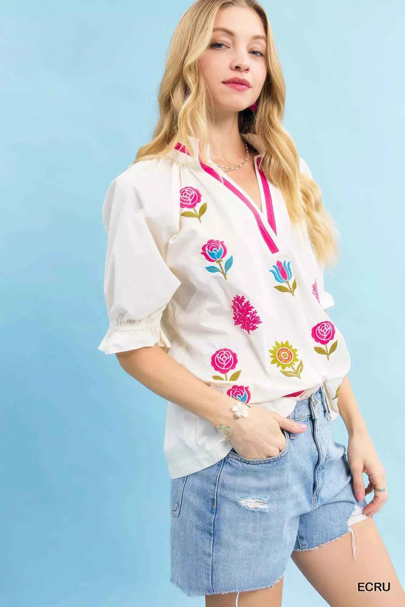 Umgee Embroidered Floral Top with Contrast Trim Umgee Embroidered Floral Top with Contrast Trim