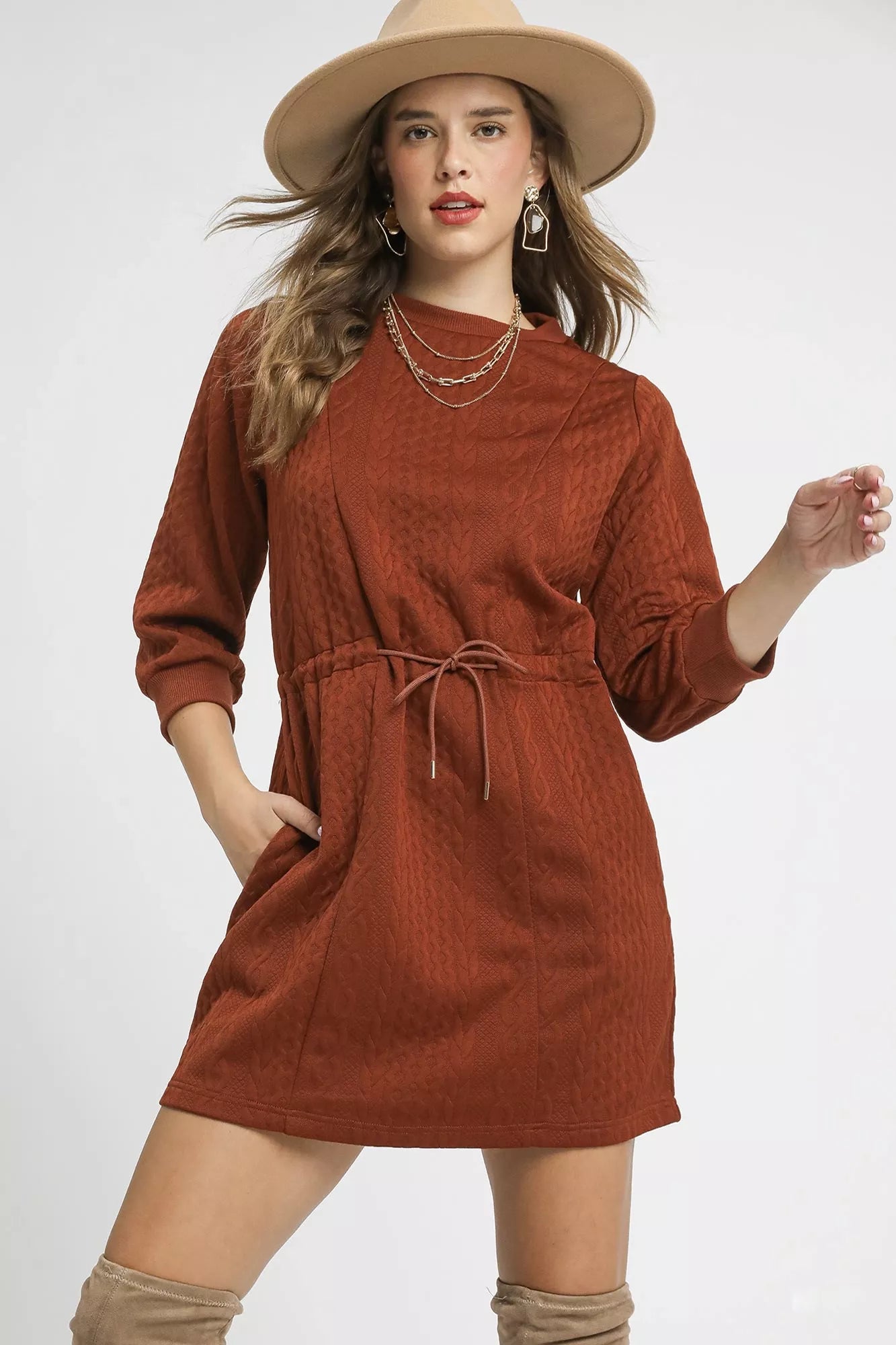 Umgee Drawstring Cable Knit Mini Dress with Pockets ef33a123-6a20-42dc-9a50-209f13978228-Max-Origin
