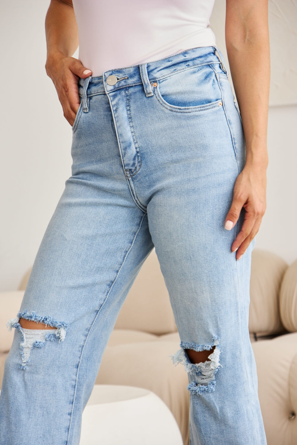 RFM Full Size Tummy Control High Waist Raw Hem Distressed Jeans RFM Full Size Tummy Control High Waist Raw Hem Distressed Jeans - TopFashionHQ