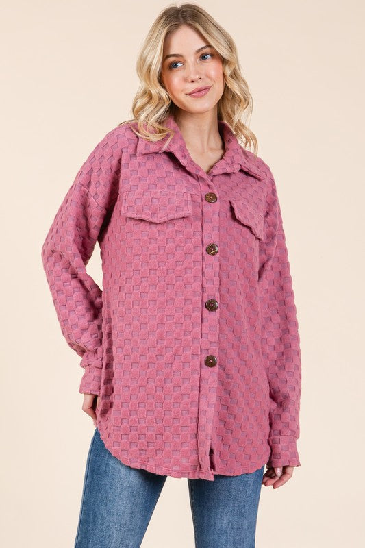 BOMBOM Checkered Button Down Dropped Shoulder Shacket BOMBOM Checkered Button Down Dropped Shoulder Shacket - TopFashionHQ