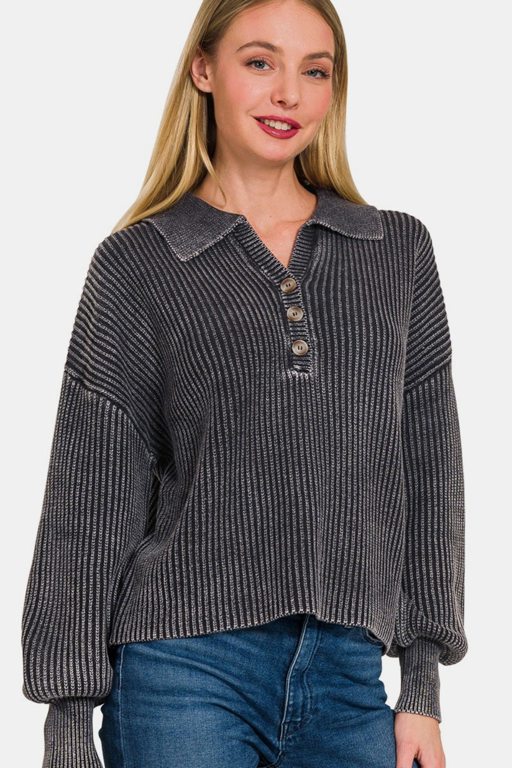 Zenana Washed Half Button Long Sleeve Sweater Zenana Washed Half Button Long Sleeve Sweater - TopFashionHQ