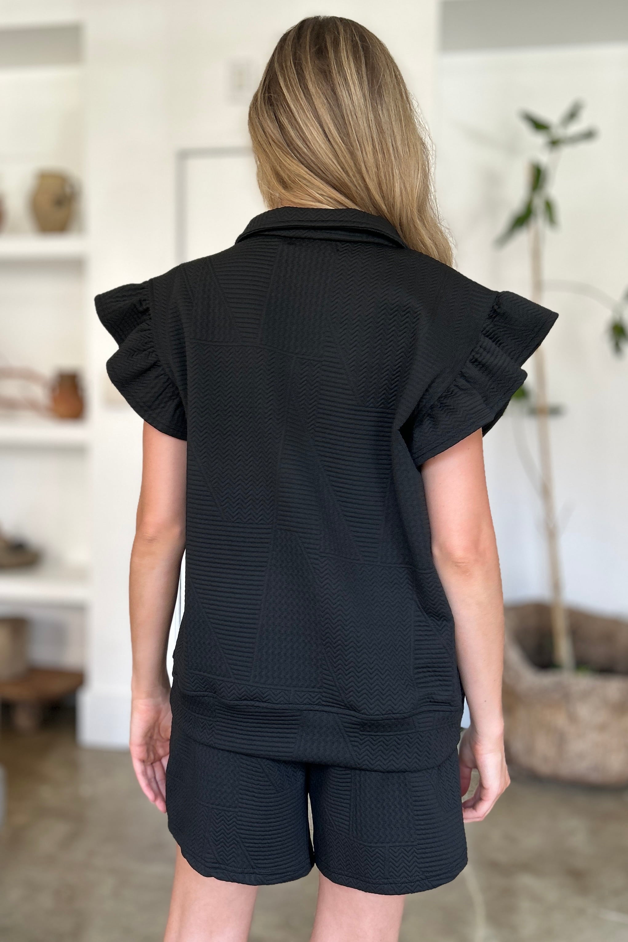 Double Take Full Size Texture Flounce Sleeve Top and Shorts Set Double Take Full Size Texture Flounce Sleeve Top and Shorts Set