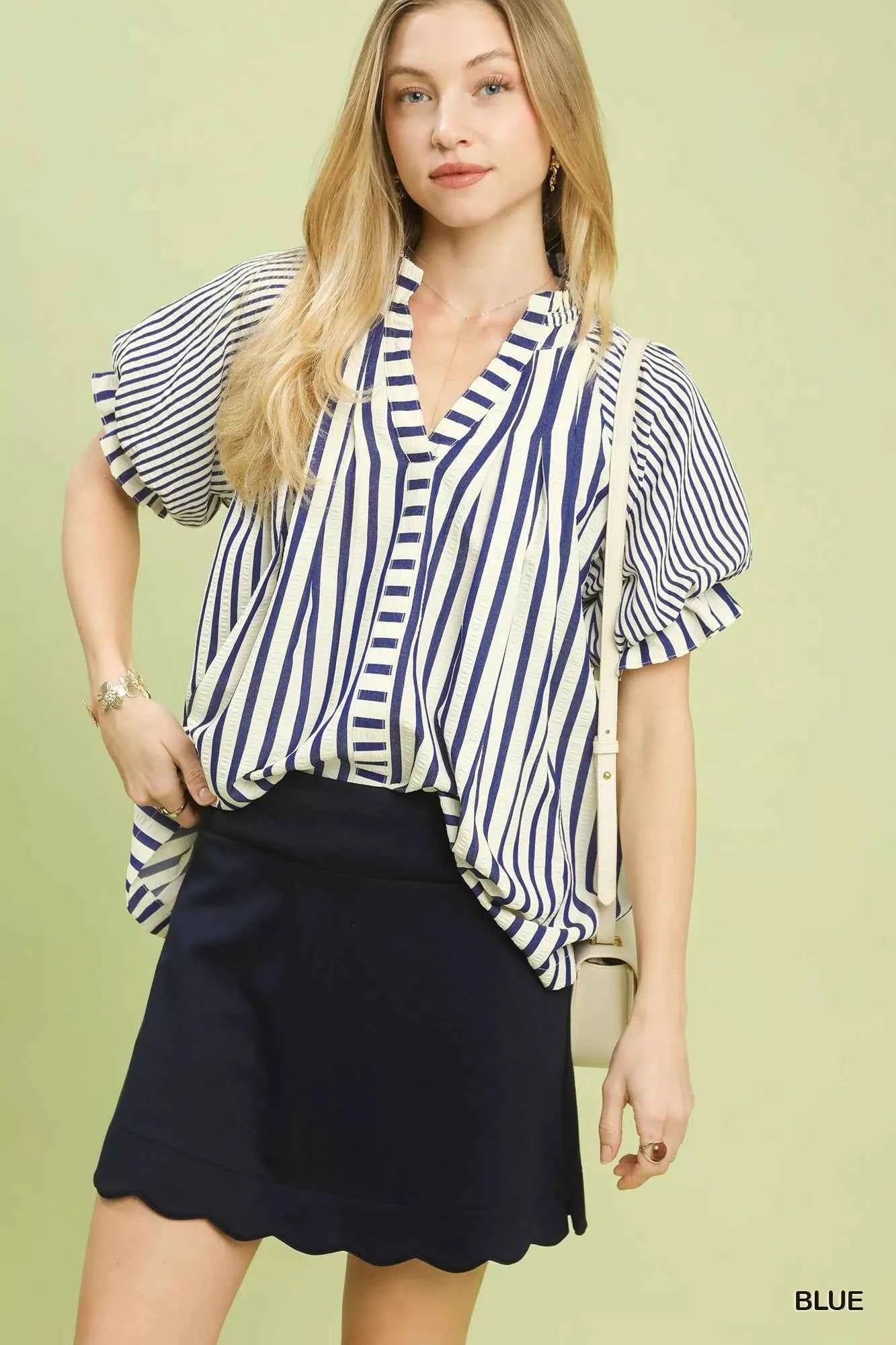 Umgee Striped Notched Top with Short Flutter Sleeves Umgee Striped Notched Top with Short Flutter Sleeves