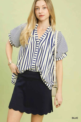 Umgee Striped Notched Top with Short Flutter Sleeves
