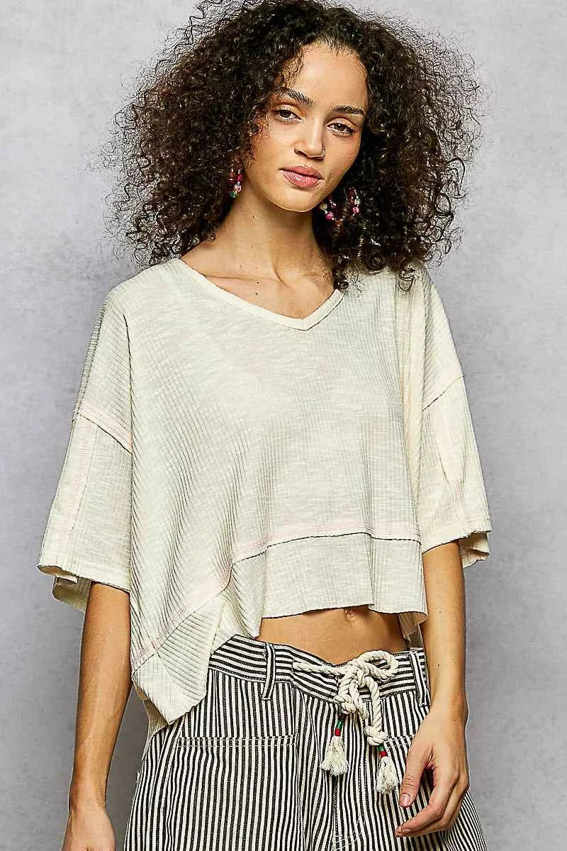 POL Short Sleeve Ccopped Rib T-Shirt with Contrast Stitch Detail POL Short Sleeve Ccopped Rib T-Shirt with Contrast Stitch Detail