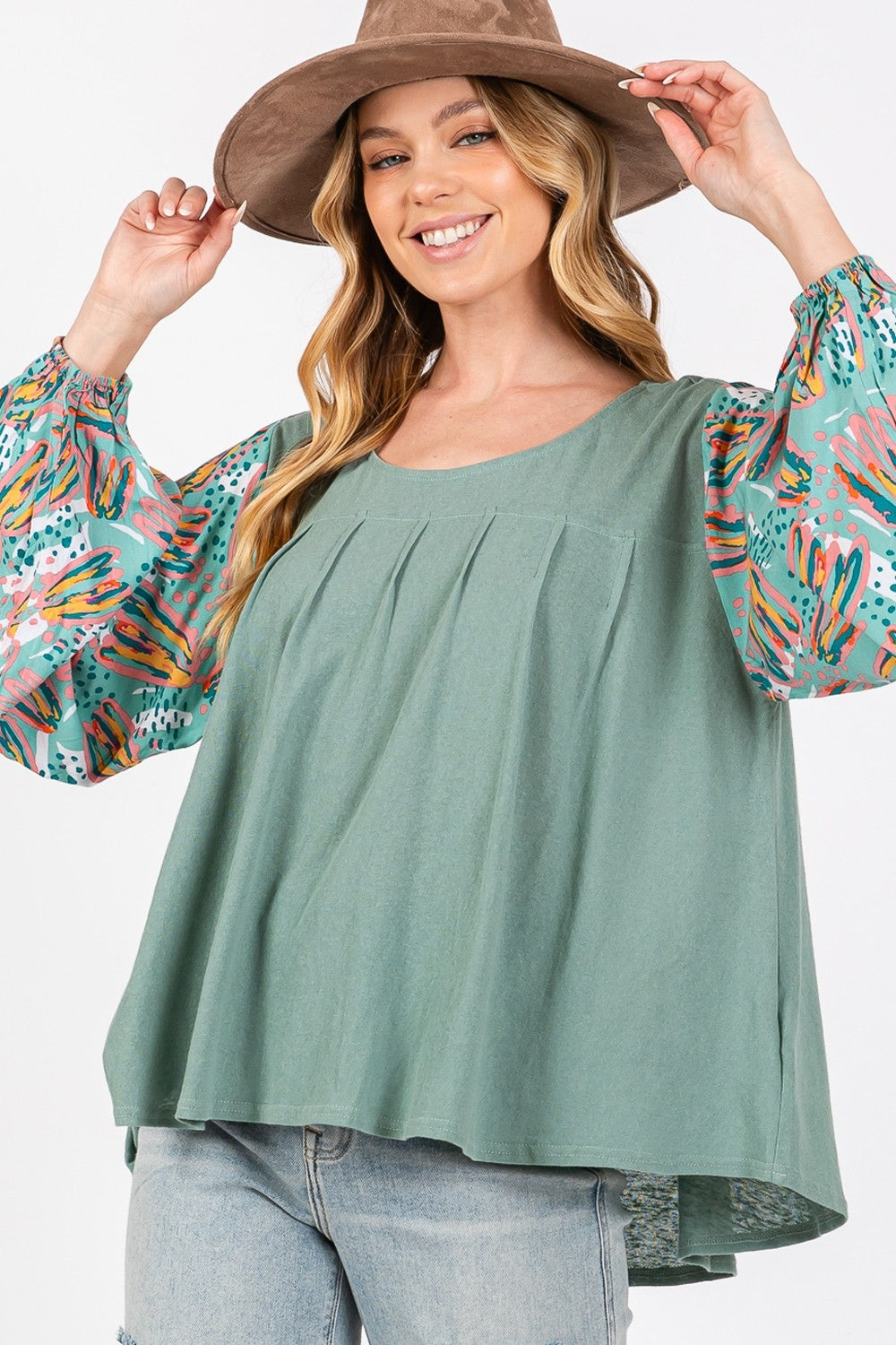 SAGE + FIG Ruched Round Neck Printed Bubble Sleeve Top SAGE + FIG Ruched Round Neck Printed Bubble Sleeve Top - TopFashionHQ