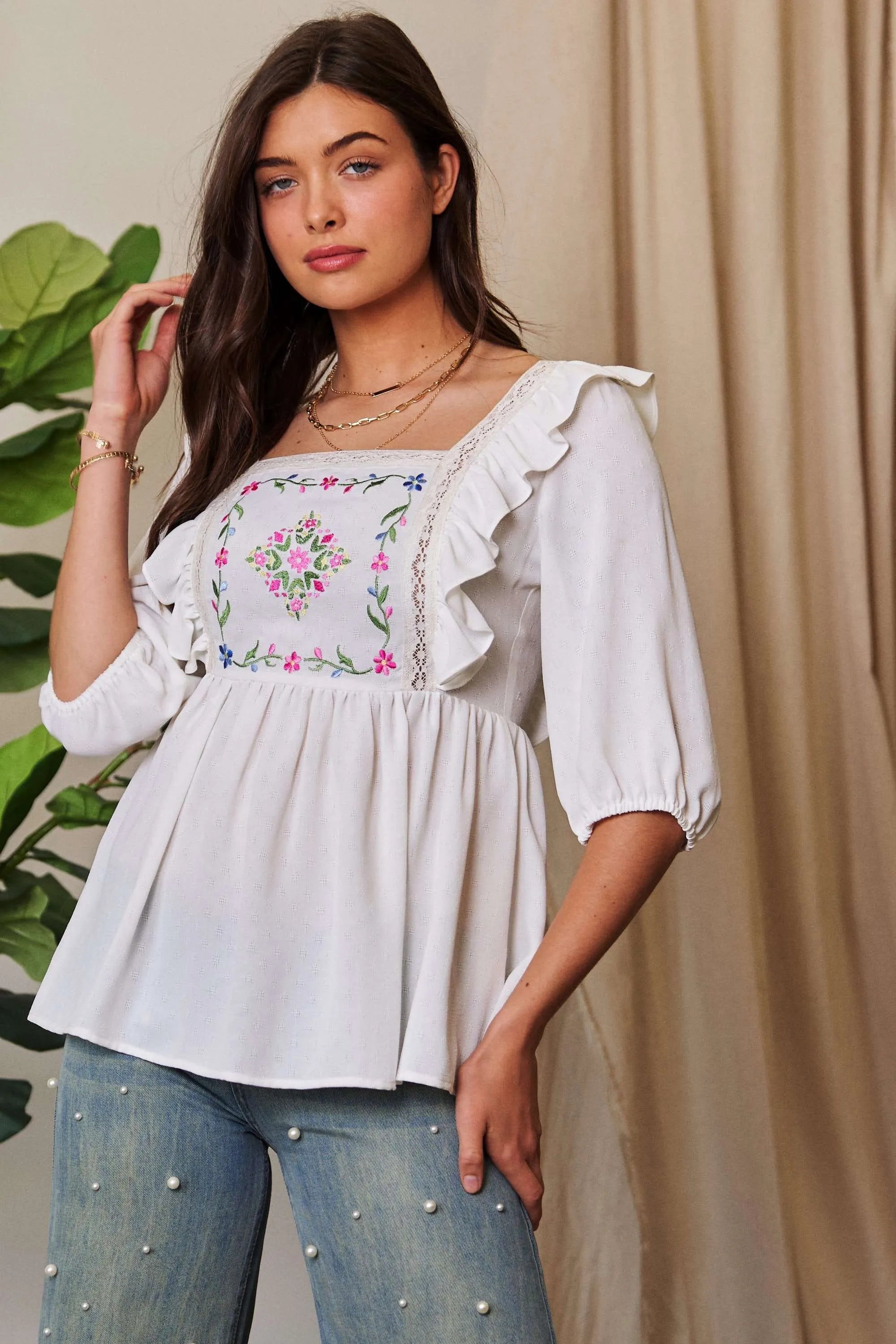 Davi & Dani Texture Tie Back Floral Embroidery Frill Blouse f0808e24abee466ca8193becea8493bd-Max-Origin
