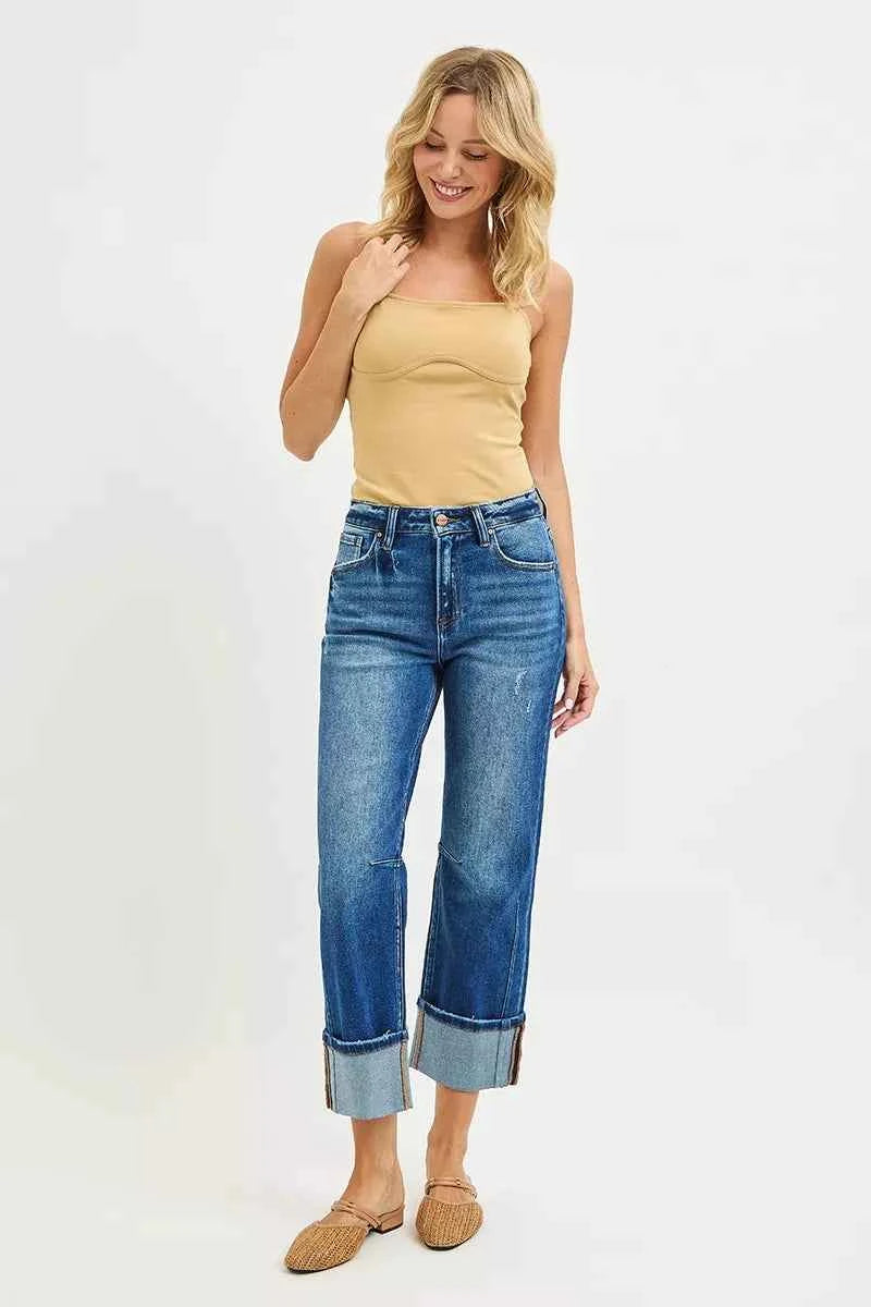 RISEN High Rise Straight Jeans with Distressed Hem RISEN High Rise Straight Jeans with Distressed Hem