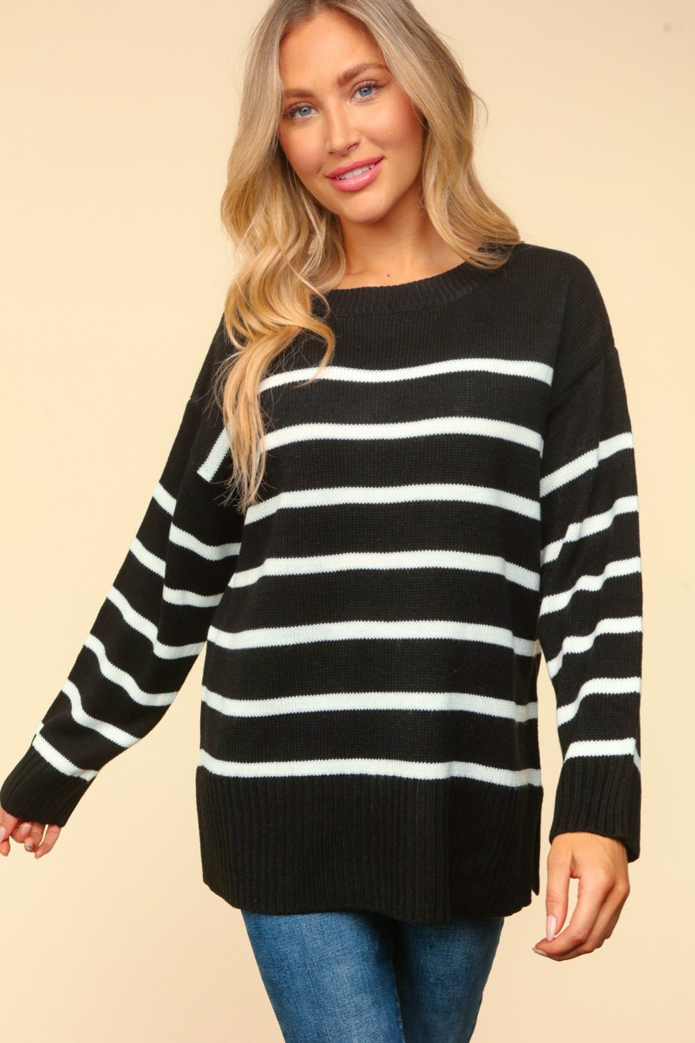 Haptics Full Size Striped Contrast Side Slit Sweater Haptics Full Size Striped Contrast Side Slit Sweater - TopFashionHQ