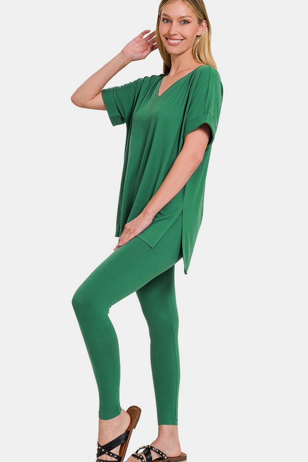 Zenana Full Size V-Neck Rolled Short Sleeve T-Shirt and Leggings Lounge Set Zenana Full Size V-Neck Rolled Short Sleeve T-Shirt and Leggings Lounge Set