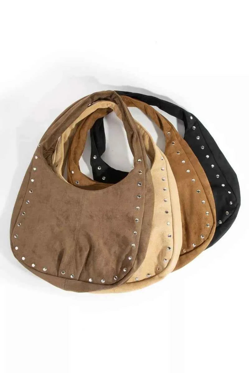 Fame Faux Suede Studded Trim Hobo Bag Fame Faux Suede Studded Trim Hobo Bag