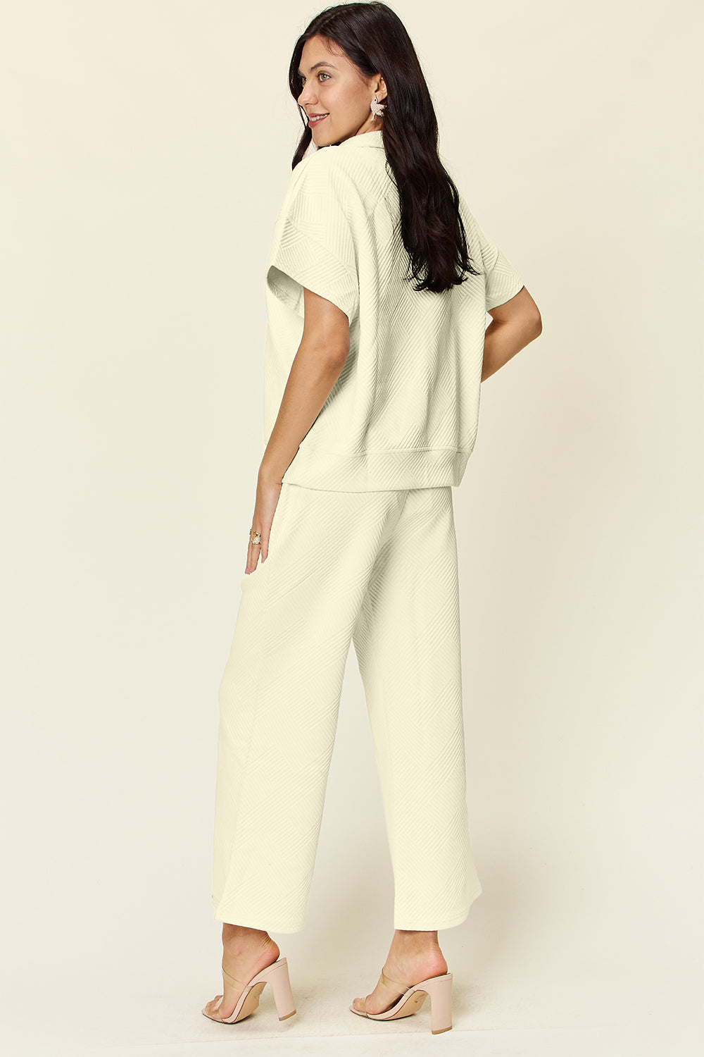 Double Take Full Size Texture Half Zip Short Sleeve Top and Pants Set Double Take Full Size Texture Half Zip Short Sleeve Top and Pants Set