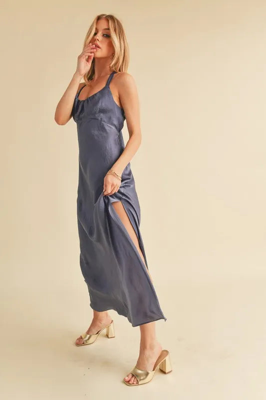 Aemi + Co Ruched Side Slit Cutout Back Maxi Cami Dress f13f0212-667e-4399-9419-a1996e983173-Max