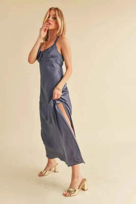 Aemi + Co Ruched Side Slit Cutout Back Maxi Cami Dress Aemi + Co Ruched Side Slit Cutout Back Maxi Cami Dress