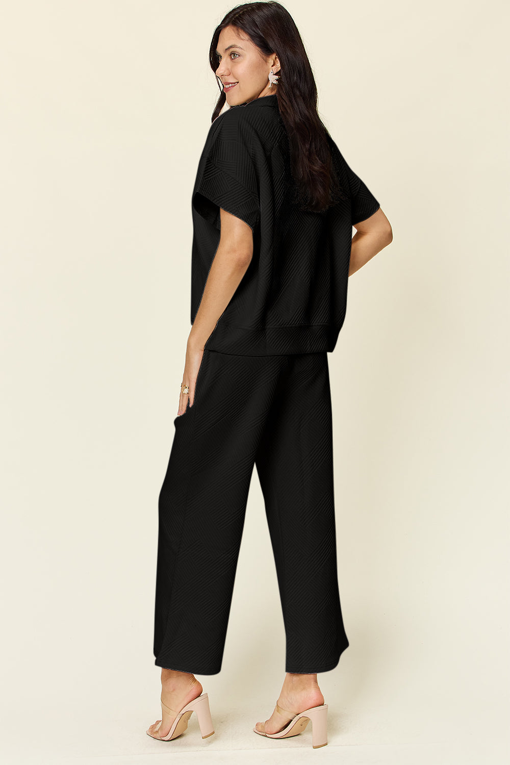 Double Take Full Size Texture Half Zip Short Sleeve Top and Pants Set Double Take Full Size Texture Half Zip Short Sleeve Top and Pants Set