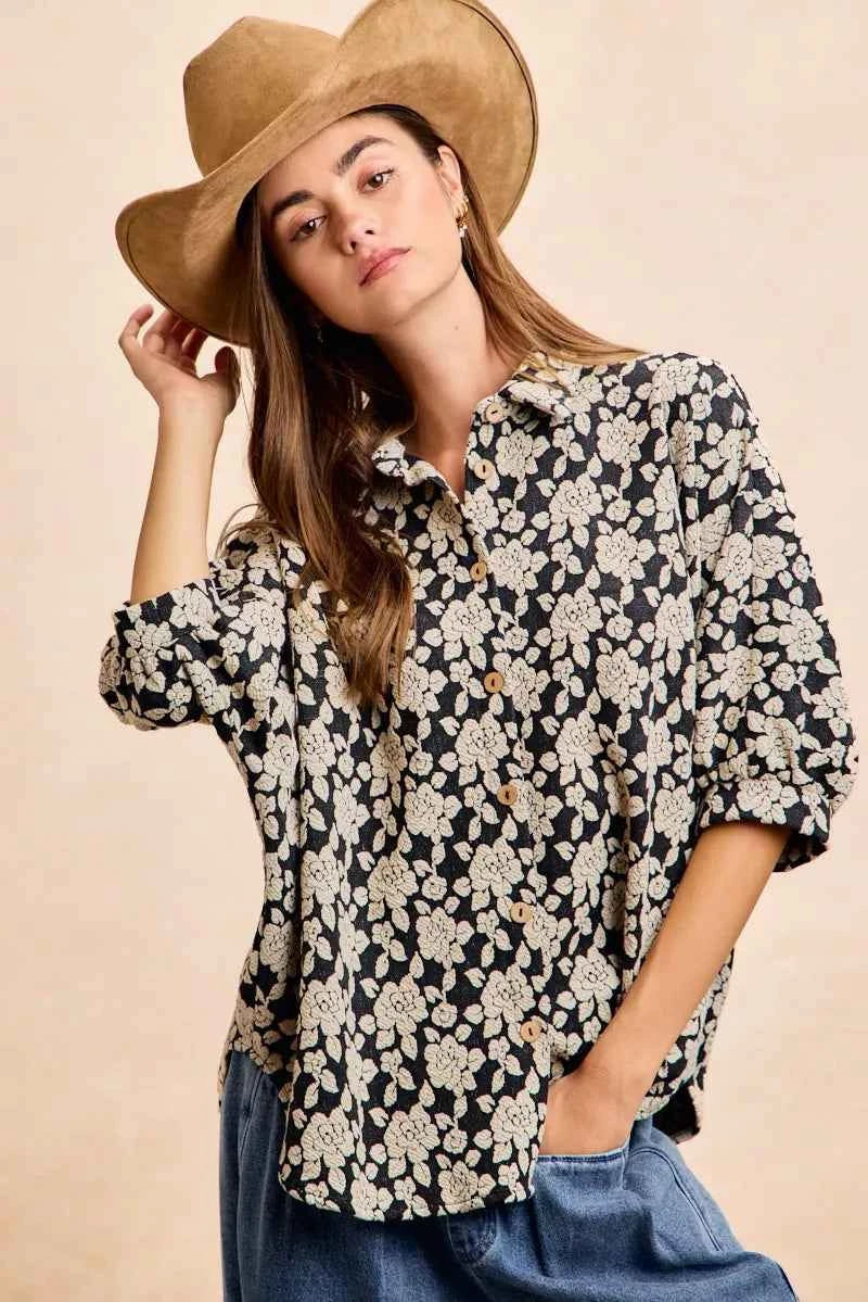 BiBi Floral Jacquard Short Dolman Sleeves Shirt BiBi Floral Jacquard Short Dolman Sleeves Shirt
