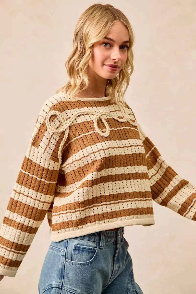 BiBi Striped Open Knit Sweater Top with Front Braided Detail BiBi Striped Open Knit Sweater Top with Front Braided Detail