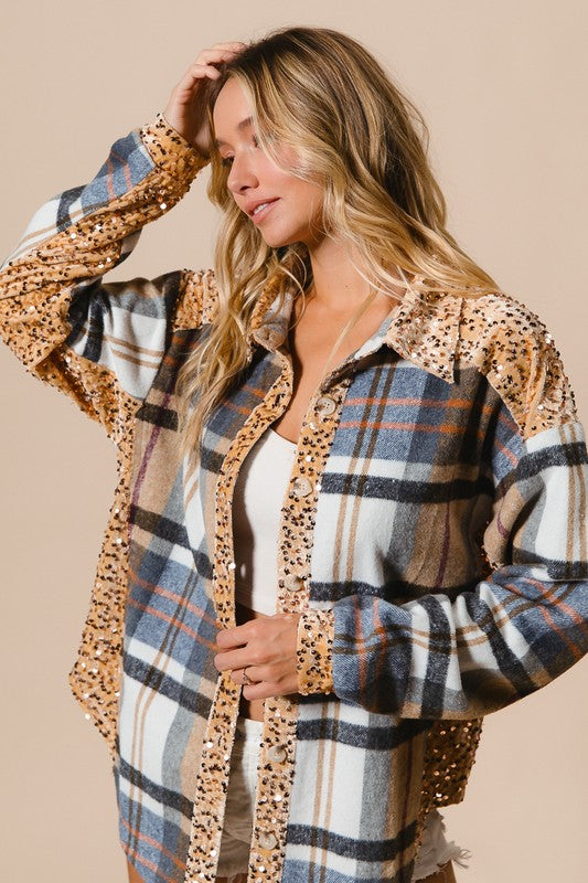 BiBi Curved Hem Sequin Plaid Button Up Shacket BiBi Curved Hem Sequin Plaid Button Up Shacket - TopFashionHQ