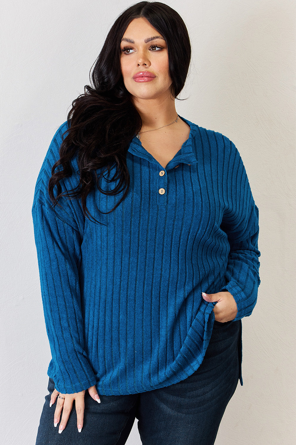 Basic Bae Full Size Ribbed Half Button Long Sleeve High-Low T-Shirt Basic Bae Full Size Ribbed Half Button Long Sleeve High-Low T-Shirt - TopFashionHQ