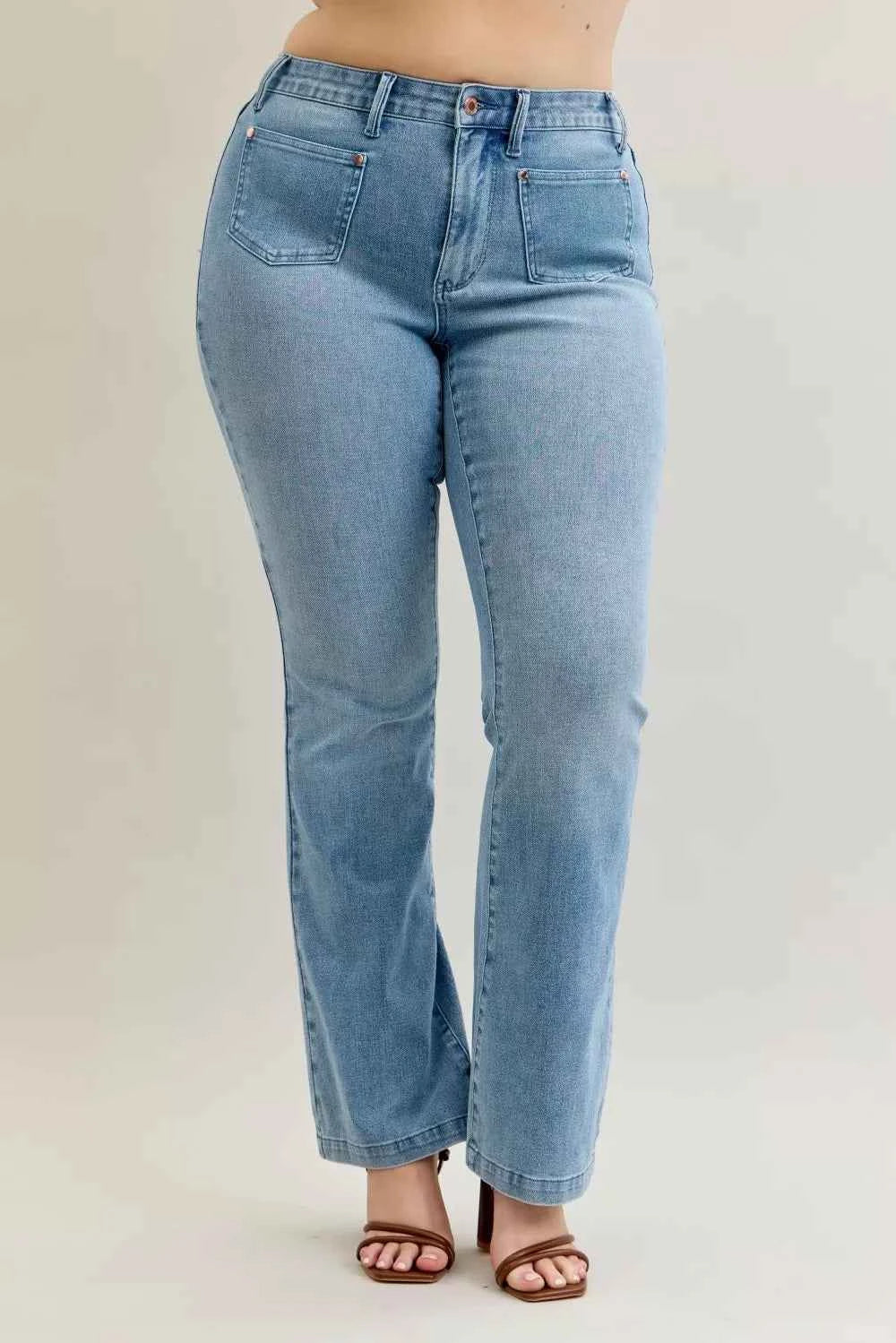 Judy Blue Full Size Mid Rise Bootcut Jeans with Contrast Wash & Front Patch Pockets Plus Size Judy Blue Full Size Mid Rise Bootcut Jeans with Contrast Wash & Front Patch Pockets Plus Size
