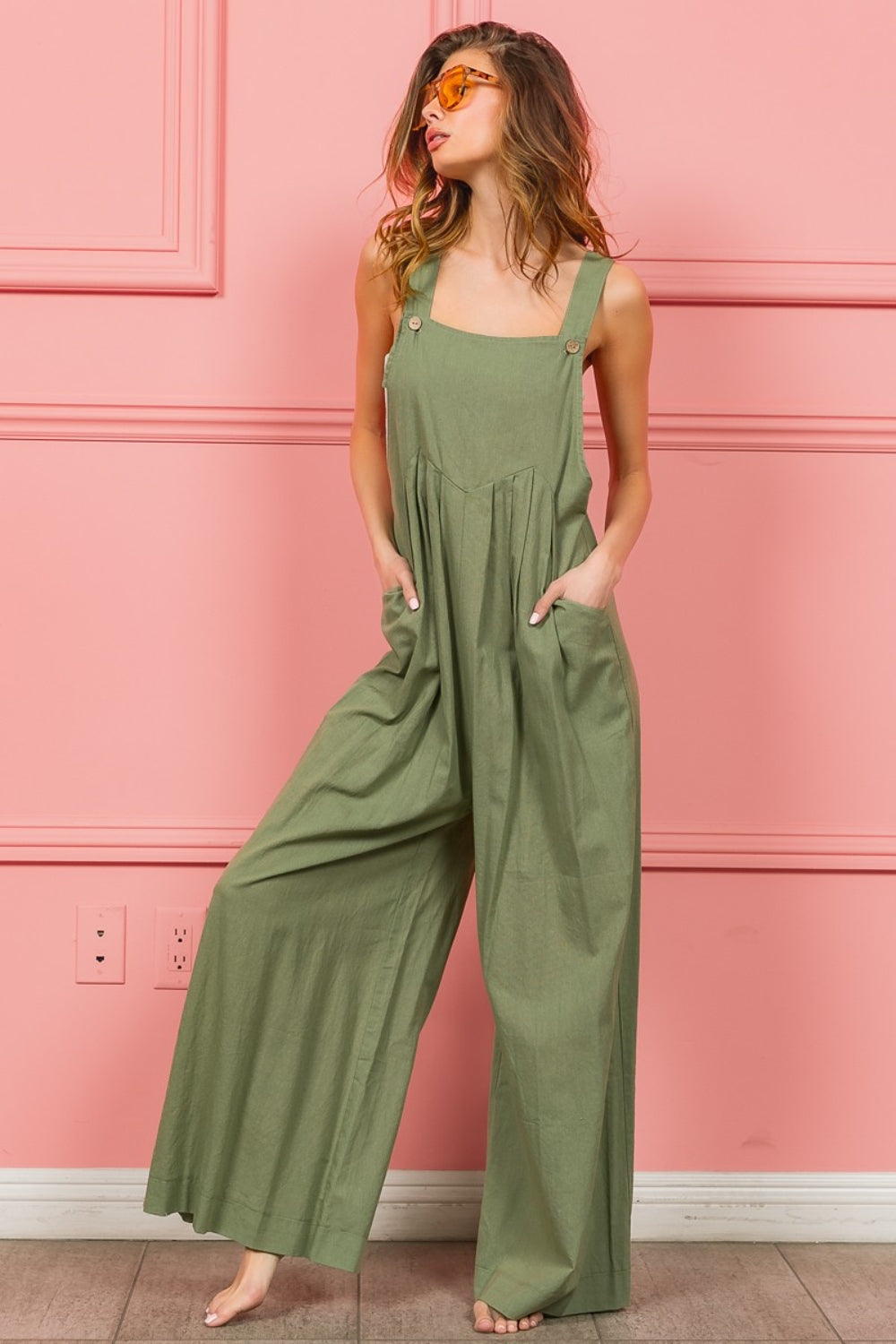 BiBi Ruched Wide Leg Overalls with Pockets BiBi Ruched Wide Leg Overalls with Pockets - TopFashionHQ