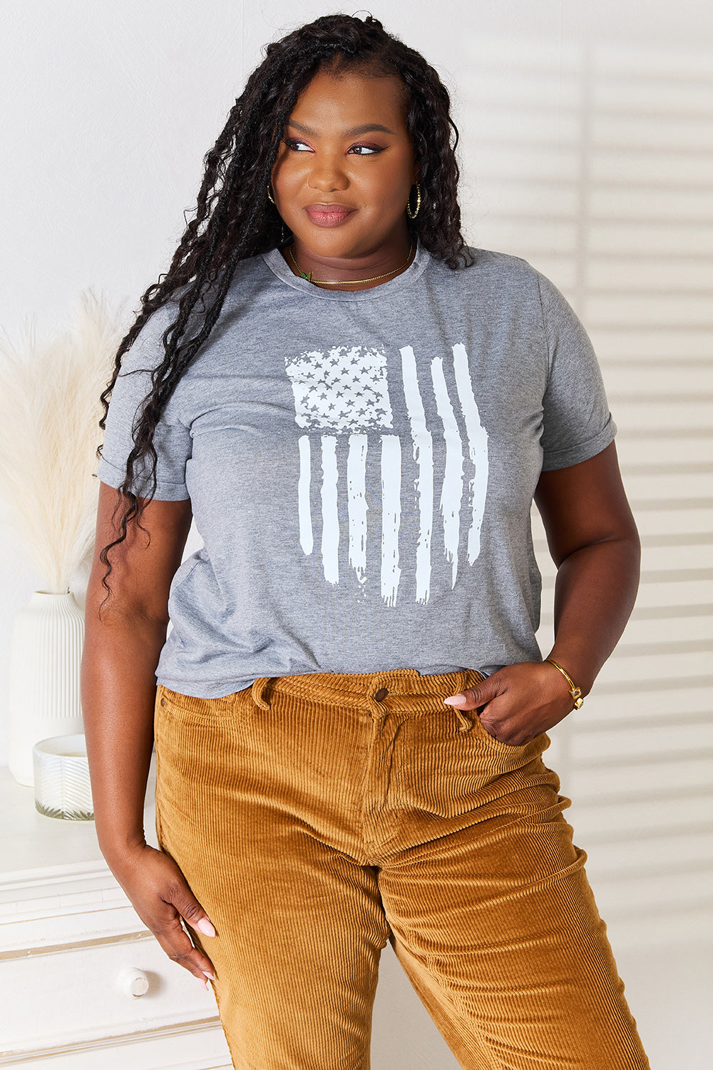 Simply Love US Flag Graphic Cuffed Sleeve T-Shirt Simply Love US Flag Graphic Cuffed Sleeve T-Shirt - TopFashionHQ