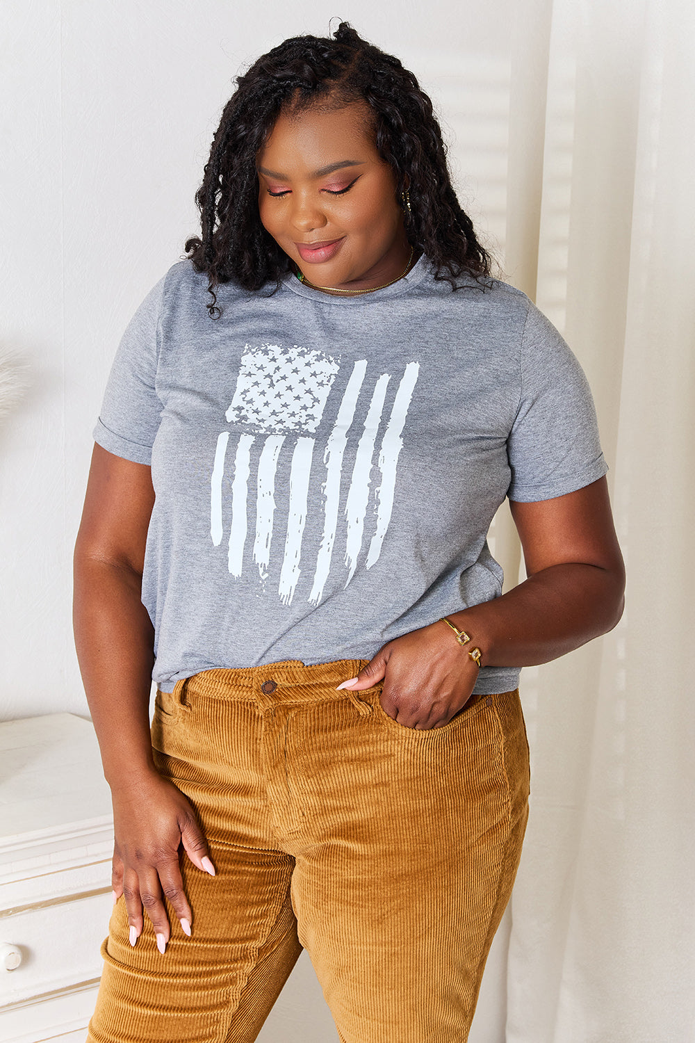 Simply Love US Flag Graphic Cuffed Sleeve T-Shirt Simply Love US Flag Graphic Cuffed Sleeve T-Shirt - TopFashionHQ