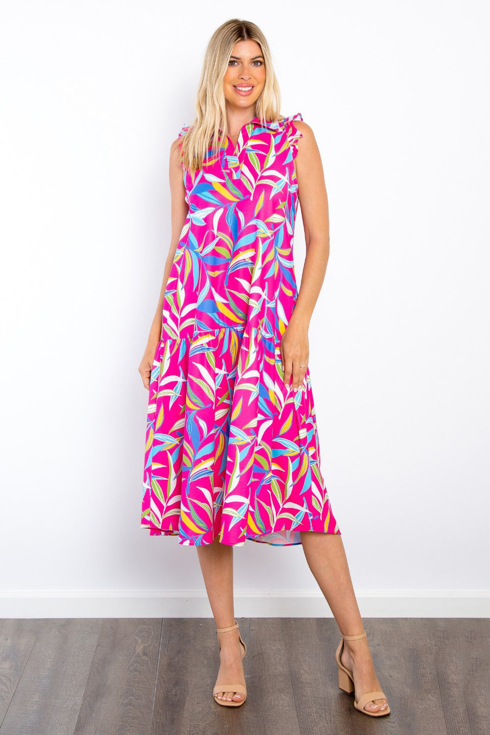 Be Stage Print Ruffled Midi Dress with Pockets Be Stage Print Ruffled Midi Dress with Pockets - TopFashionHQ