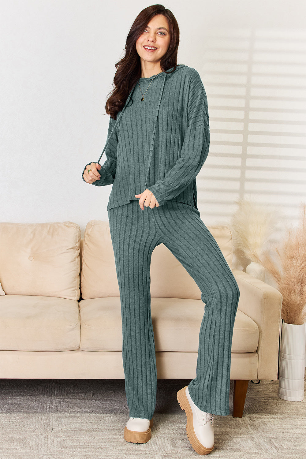 Basic Bae Full Size Ribbed Drawstring Hooded Top and Straight Pants Set Basic Bae Full Size Ribbed Drawstring Hooded Top and Straight Pants Set - TopFashionHQ