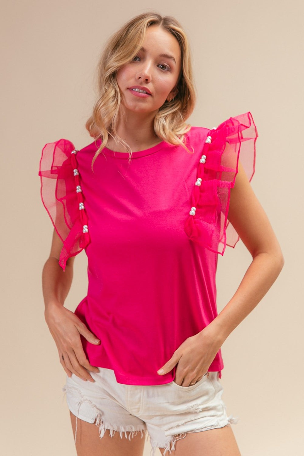 BiBi Pearl Decor Mesh Ruffle Sleeve Top BiBi Pearl Decor Mesh Ruffle Sleeve Top - TopFashionHQ