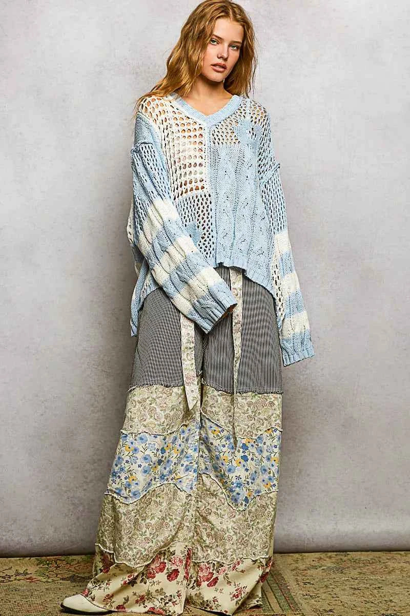 POL Color-Blocked Stripe Pattern Knit Top with Twisted Weave POL Color-Blocked Stripe Pattern Knit Top with Twisted Weave