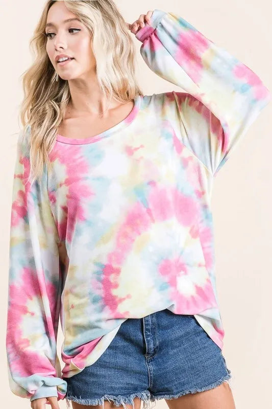 BiBi Tie Dye Print Terry Top With Puff Sleeves f29523597c244ebeb4c11d414ef97cd3-Max-Origin