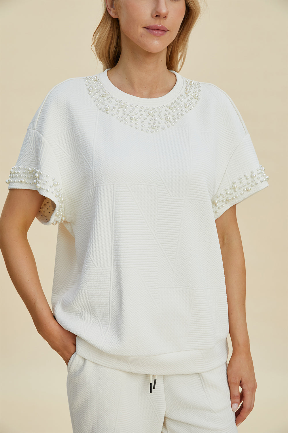 Double Take Full Size Pearl Detail Round Neck Top and Pants Set Double Take Full Size Pearl Detail Round Neck Top and Pants Set
