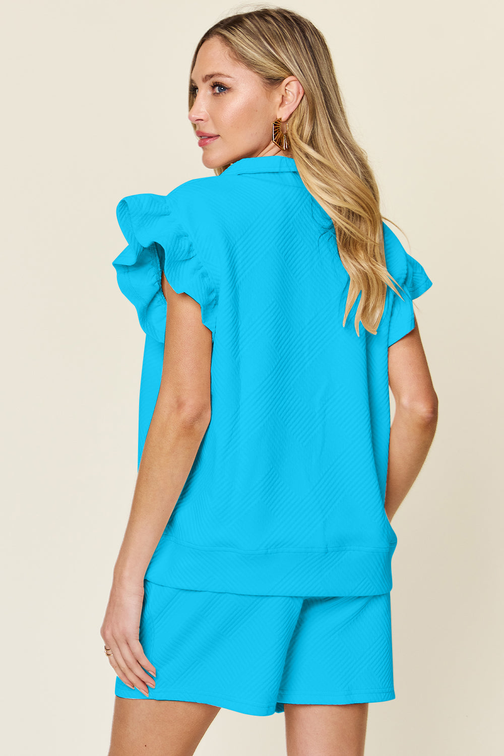 Double Take Full Size Texture Flounce Sleeve Top and Drawstring Shorts Set Double Take Full Size Texture Flounce Sleeve Top and Drawstring Shorts Set